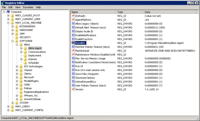 Registry Editor - Altiris Agent